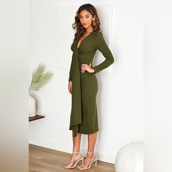 (50820-OLI) WOMEN RUCHED VNECK SASH MOSS CREPE MIDI DRESS - Picture 3 of 3